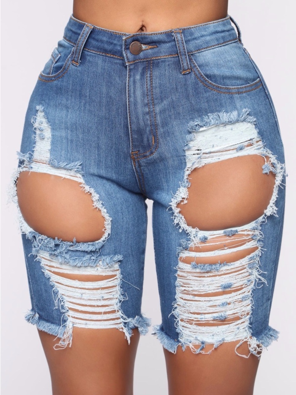 Fashion Nova Blue Distressed High-Rise Jean Shorts
